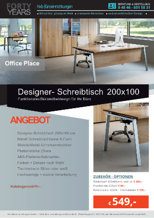 Schreibtisch 200x100 aus der Kollektion Büromöbel OFFICE PLACE von der Firma HKB Büroeinrichtungen GmbH Husum